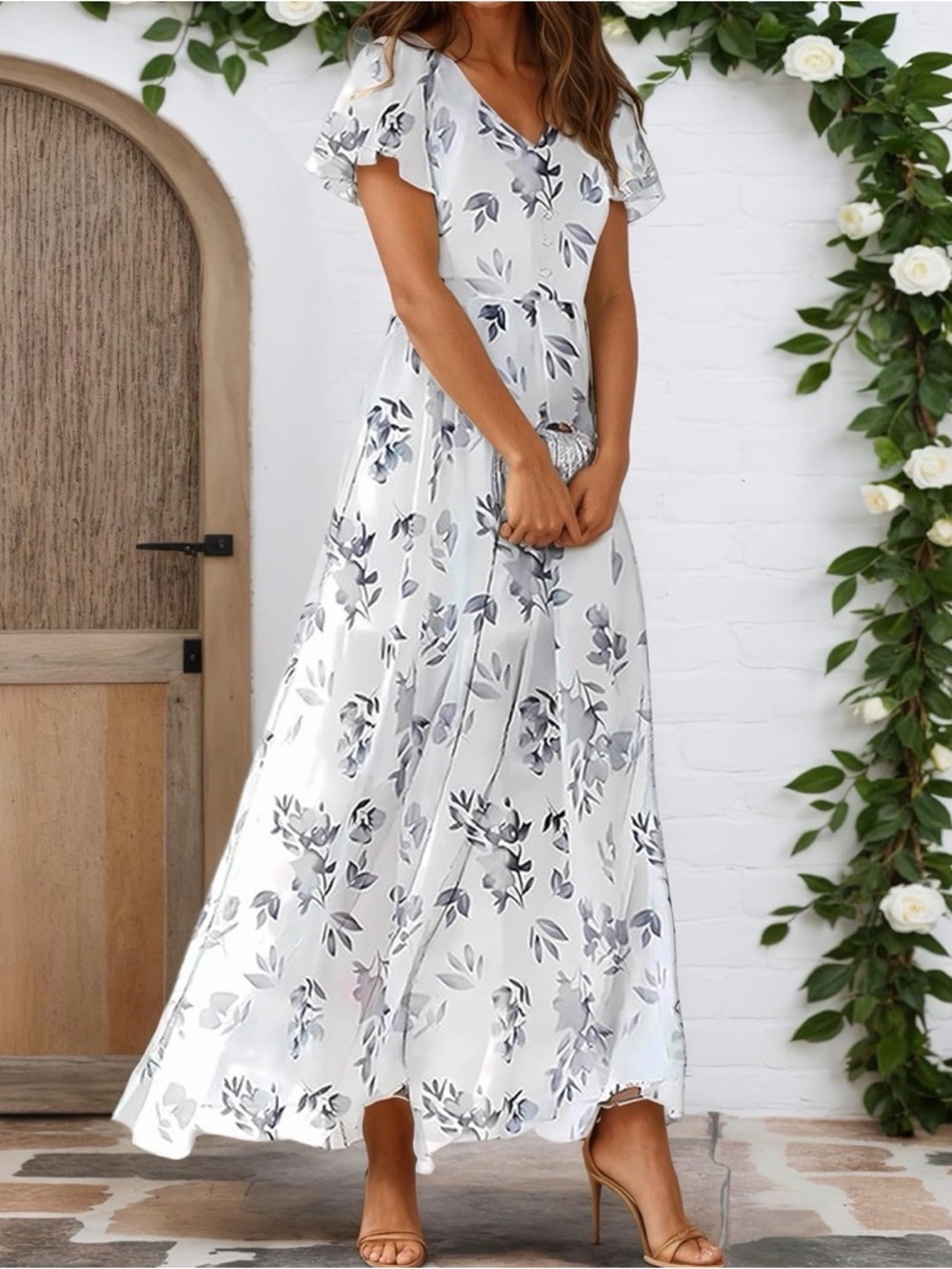 White Floral V-Neck Maxi Dress with Flutter Sleeves
